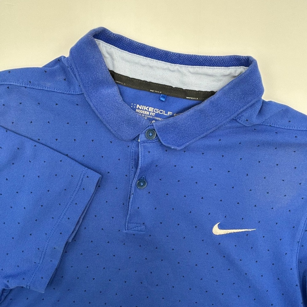Nike Dri-Fit Golf Polo Men's Large Stretch Blue w Tiny Black Geometric Triangles